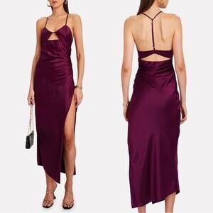 The Sei | Ruched Cut Out Silk Midi Dress in Burgundy Oxblood 2